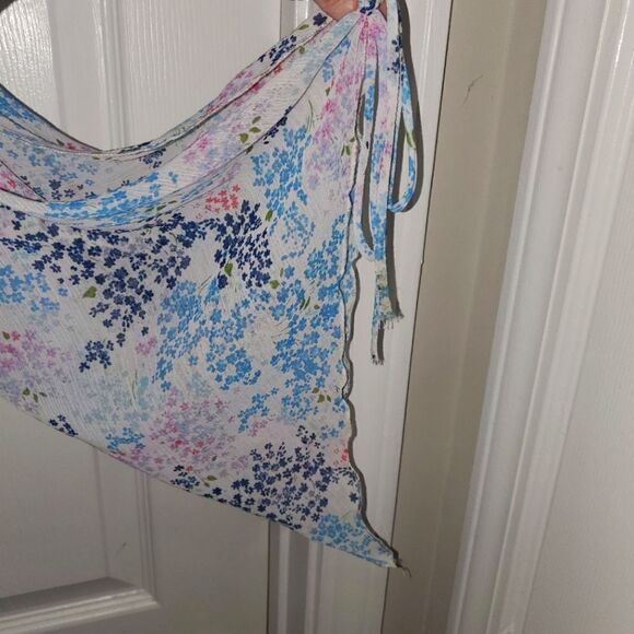 Y2K FLORAL COW NECK OPEN ARM BELL WING SLEEVE SHEER ASYMMETRICAL TOP SIZE XS - Picture 3 of 4